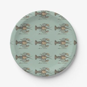 Vintage Lobster Illustration: Coastal Damask Paper Plate