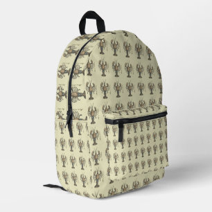 Vintage Lobster Illustration: Coastal Damask Printed Backpack
