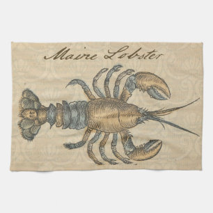 Vintage Lobster Illustration: Coastal Damask Tea Towel