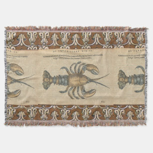 Vintage Lobster Illustration: Coastal Damask  Throw Blanket