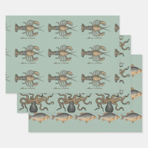 Vintage Lobster Illustration: Coastal Damask Wrapping Paper Sheet