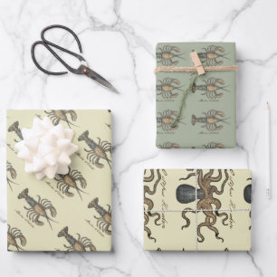 Vintage Lobster Illustration: Coastal Damask Wrapping Paper Sheet