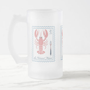 Vintage Lobster Postage Stamp Border Frosted Glass Beer Mug