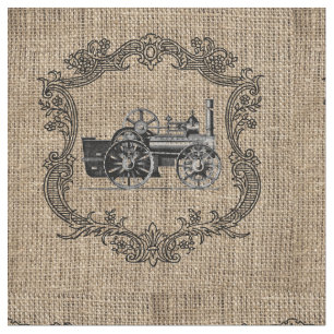 Vintage Locomotive Burlap Fabric