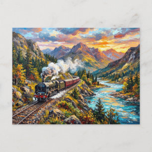Vintage Locomotive River Viaduct Bridge Painting Postcard