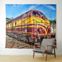 Vintage Locomotive Train Red Yellow Tapestry
