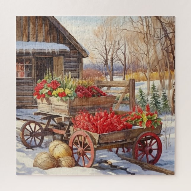 Vintage Log Home Christmas Vegetable Stand Jigsaw Puzzle (Vertical)
