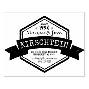 Vintage Logo Name Address Phone Ribbon Hexagon Rubber Stamp