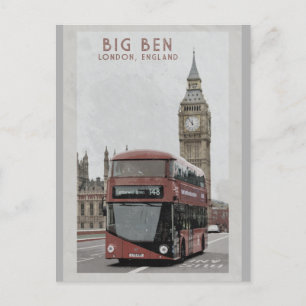 Vintage London England Big Ben Red Bus Travel Postcard