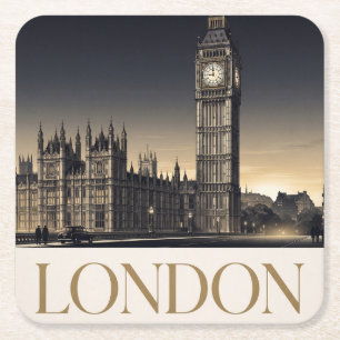 Vintage London Travel Poster with Big Ben Square Paper Coaster