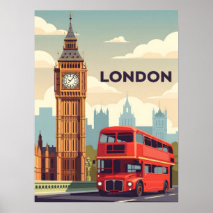 Vintage London with Big Ben and Red bus Poster