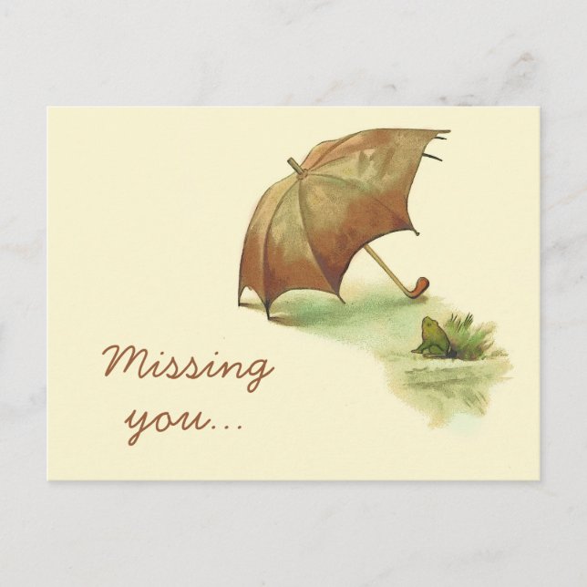 Vintage Lonely Frog with Umbrella Missing You Postcard (Front)
