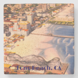 Vintage Long Beach, California Birdseye View Stone Coaster