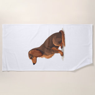 Vintage Long Haired Dachshund Back View Dog Illust Beach Towel