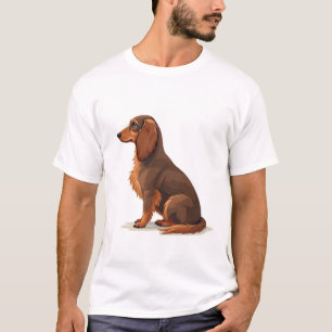 Vintage Long Haired Dachshund Back View Dog Illust T-Shirt