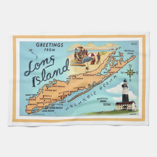 Vintage Long Island Map Bordered Tea Towel (Horizontal)