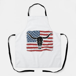 Vintage Longhorn Skull American Flag Vector Design Apron
