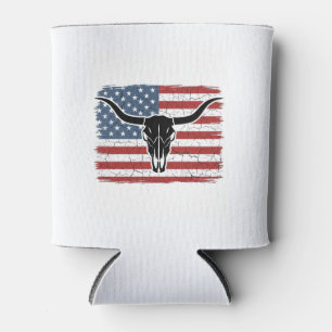 Vintage Longhorn Skull American Flag Vector Design Can Cooler