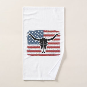 Vintage Longhorn Skull American Flag Vector Design Hand Towel