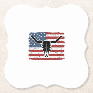 Vintage Longhorn Skull American Flag Vector Design Paper Coaster