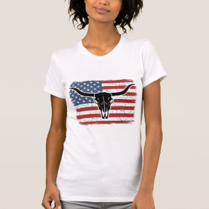 Vintage Longhorn Skull American Flag Vector Design T-Shirt