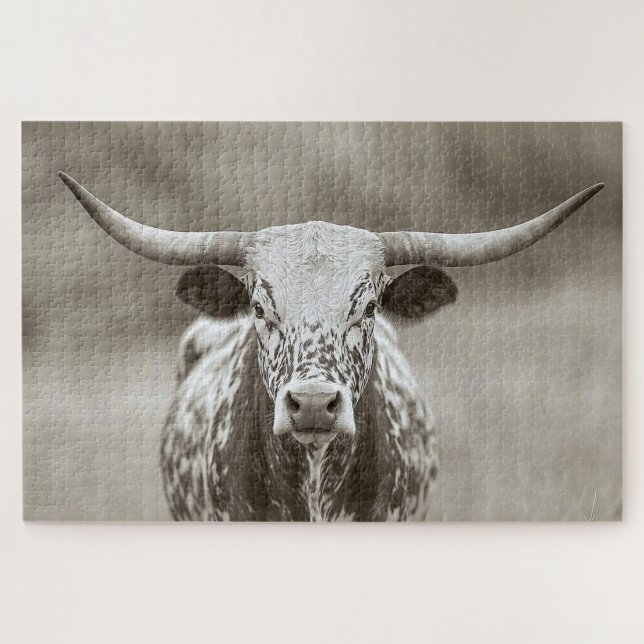 Vintage Longhorn Steer Cattle Jigsaw Puzzle (Horizontal)