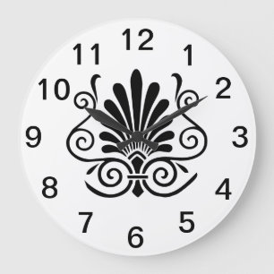 Vintage look art deco plume pattern black on white large clock