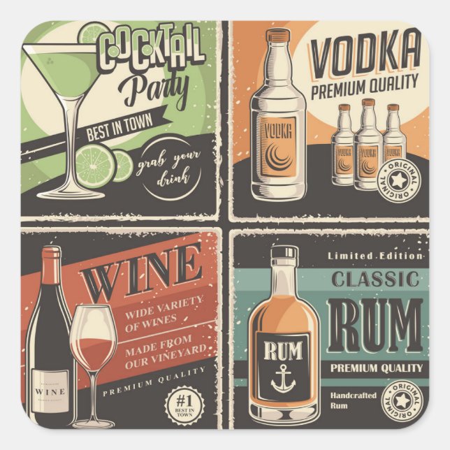 Vintage Look Bar Drink Tiles  Square Sticker (Front)