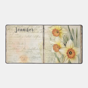 Vintage look daffodils and script. Editable name Desk Mat