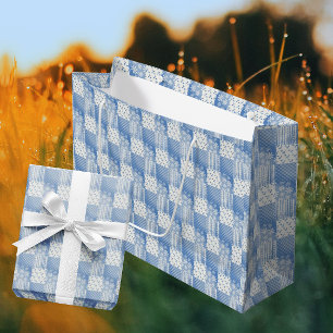 Vintage Look Denim Blue Creamy White Patchwork Large Gift Bag