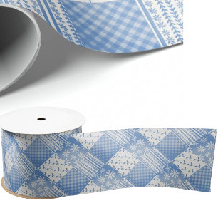 Vintage Look Denim Blue Creamy White Patchwork Satin Ribbon