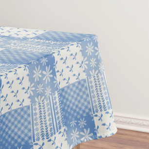 Vintage Look Denim Blue Creamy White Patchwork  Tablecloth