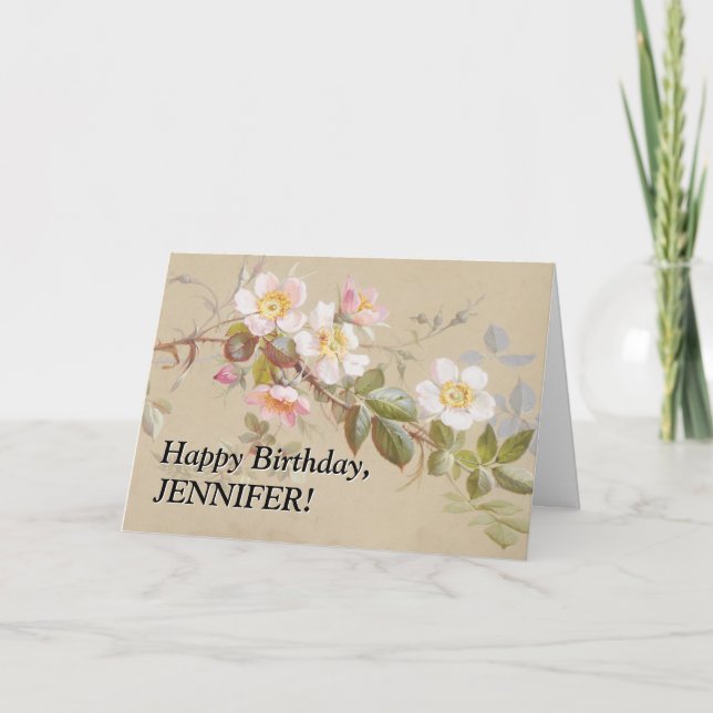 Vintage Look Flowers and Branch, Happy Birthday Card (Front)