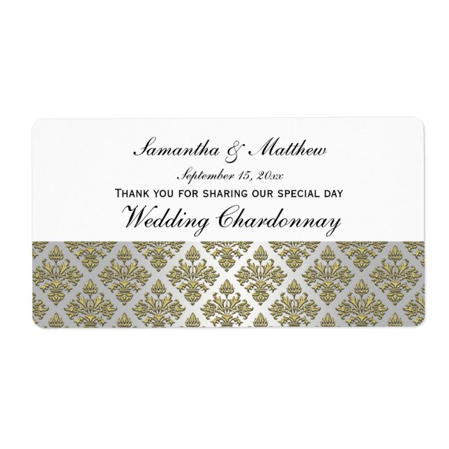 Vintage Look Gold & White Damask #3 Wine Label (Front)