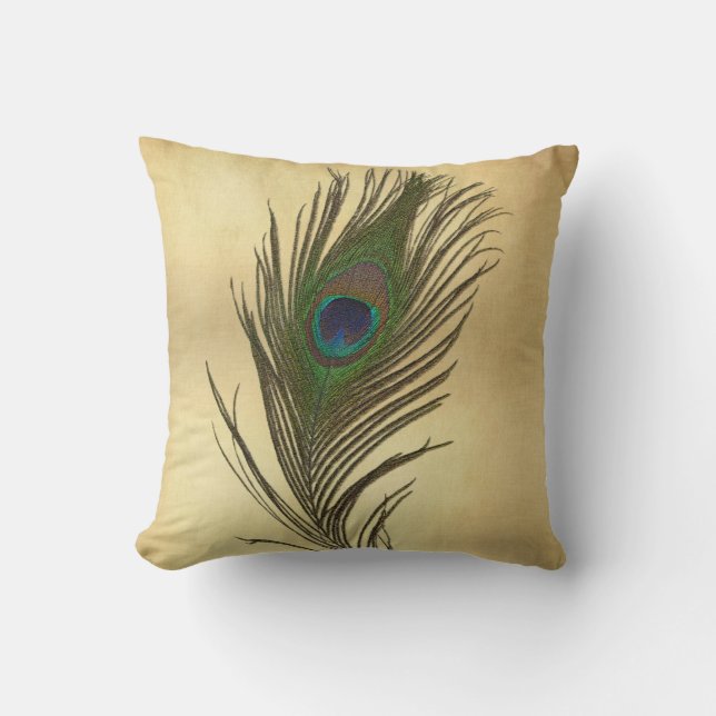 Vintage Look Peacock Feather on Gold Cushion (Front)