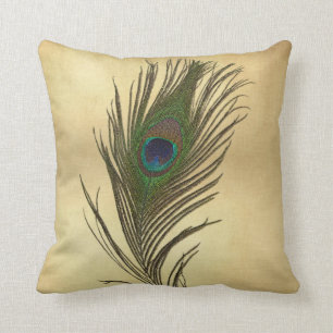 Vintage Look Peacock Feather on Gold Cushion