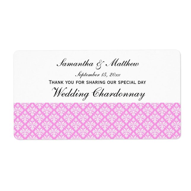 Vintage Look Pink & White Damask #3 Wine Label (Front)