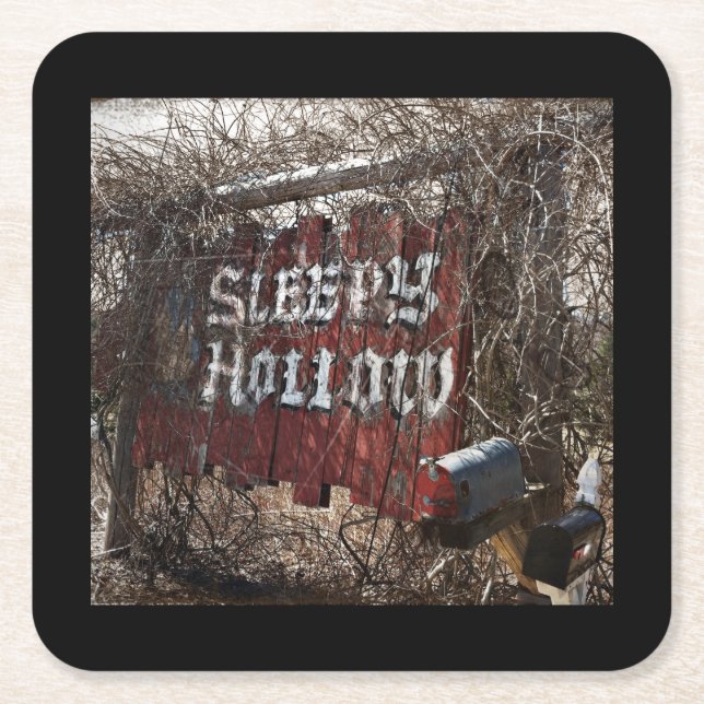 Vintage Look Sleepy Hollow Sign Square Paper Coaster (Front)