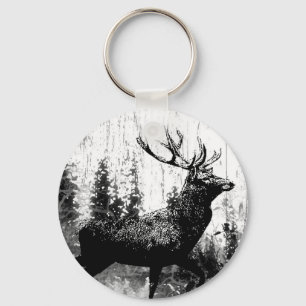 Vintage look Stag in Black and White, Deer Animal Key Ring
