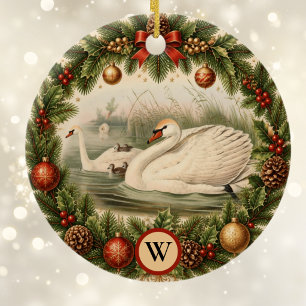 Vintage Look Swan n Baby Cygnets Custom Christmas Ceramic Tree Decoration