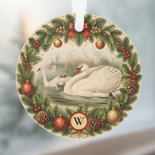 Vintage Look Swan n Baby Cygnets Custom Christmas Ornament