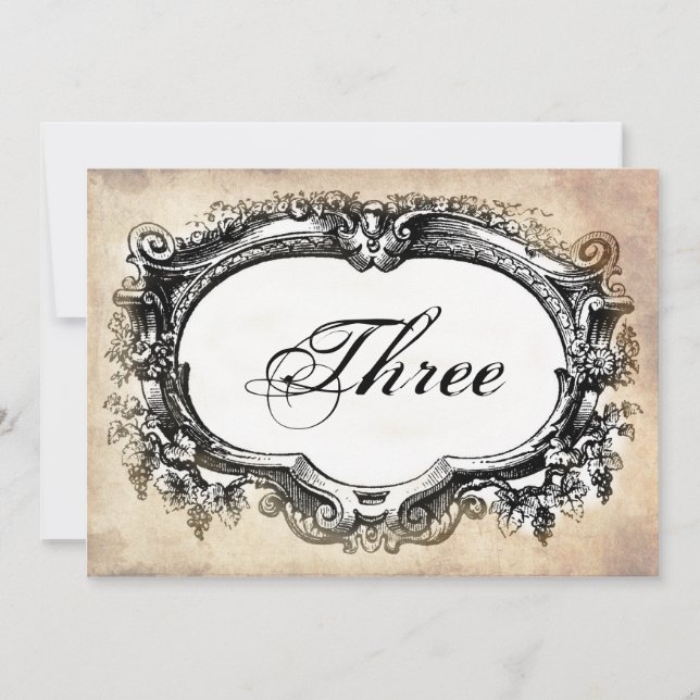 Vintage look table number cards weddings, parties (Front)