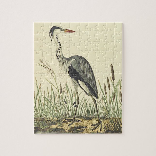 Vintage Look, Tall Standing Bird, Cattails Jigsaw Puzzle (Vertical)
