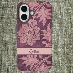 Vintage Looking Pink and Mauve Simulated Damask iPhone 16 Case