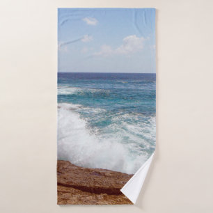 Vintage looking View of Punta Prima in the island  Bath Towel
