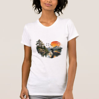 Vintage Loon Lake Mountain Sunset Wildlife Nature T-Shirt