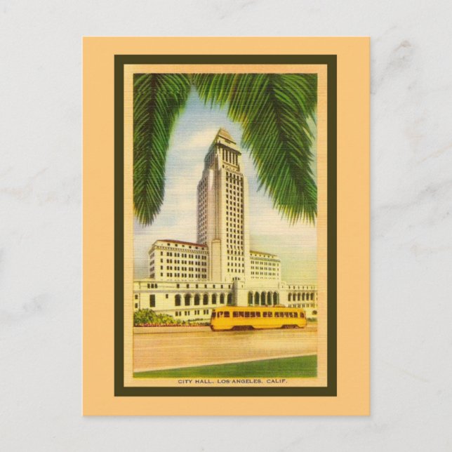 Vintage Los Angeles City Hall, streetcar Postcard (Front)