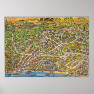 Vintage Los Angeles Pictorial Map Poster 1974