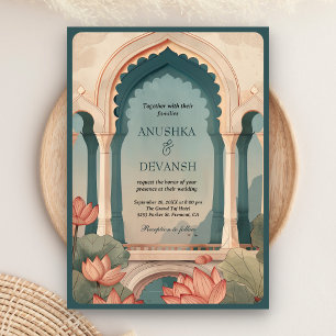 Vintage Lotus Floral Arch Indian QR Code Wedding Invitation