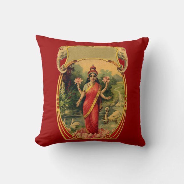 vintage Lotus Flower Hindu Goddess Lakshmi Cushion (Front)